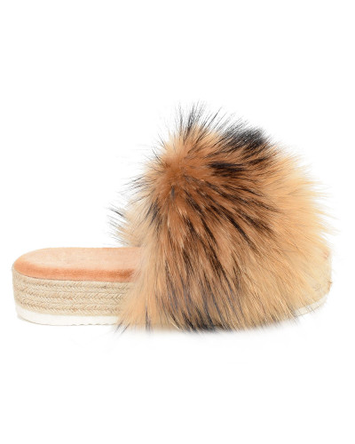 Platform Slides with Braided Sole and Raccoon Fur