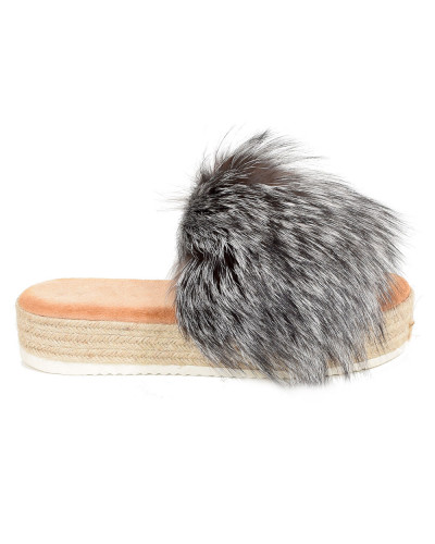 Platform Slides with Braided Sole and Silver Fox Fur