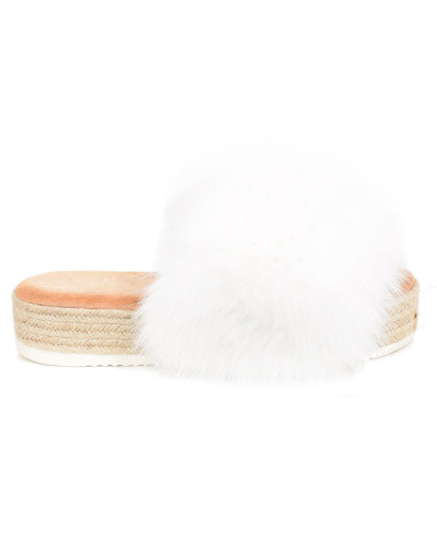 Platform Slides with Braided Sole and White Fox Fur