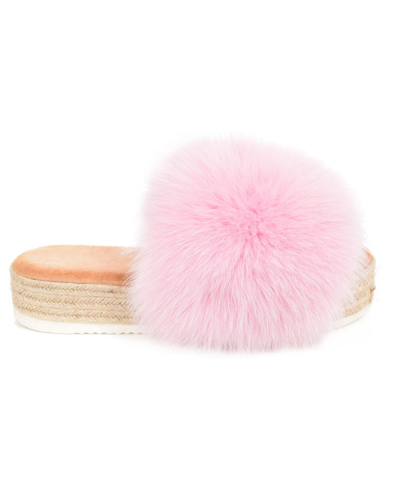 Platform Slides with Braided Sole and Pink Fox Fur