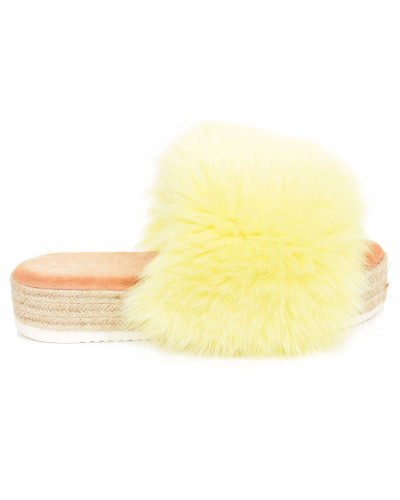 Platform Slides with Braided Sole and Yellow Fox Fur