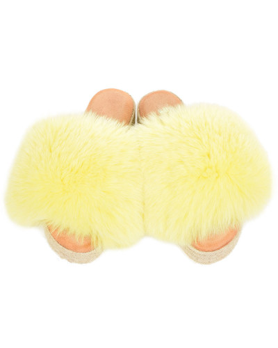 Platform Slides with Braided Sole and Yellow Fox Fur