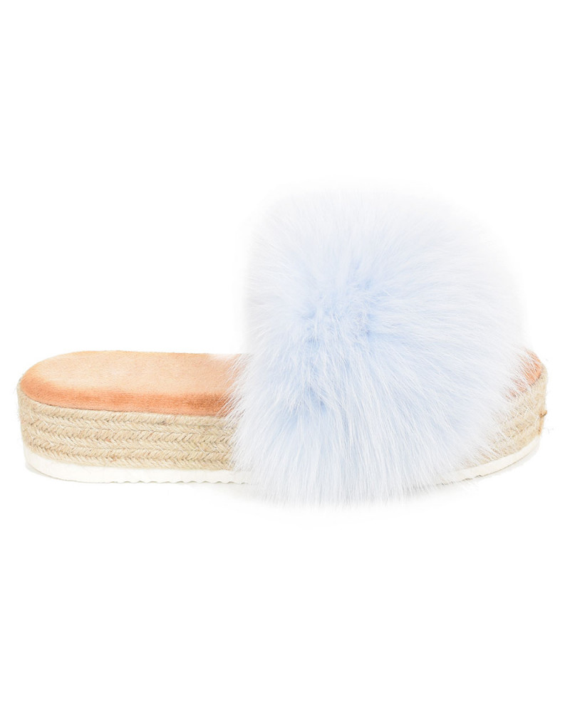 Platform Slides with Braided Sole and Light Blue Fox Fur