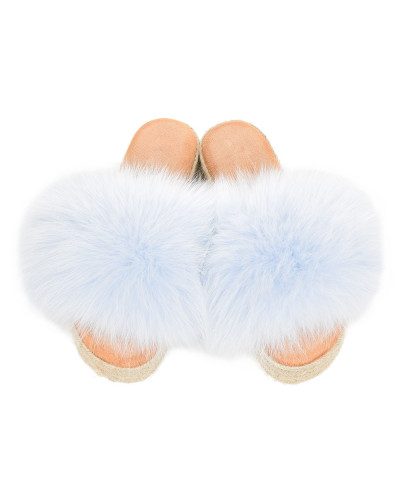 Platform Slides with Braided Sole and Light Blue Fox Fur
