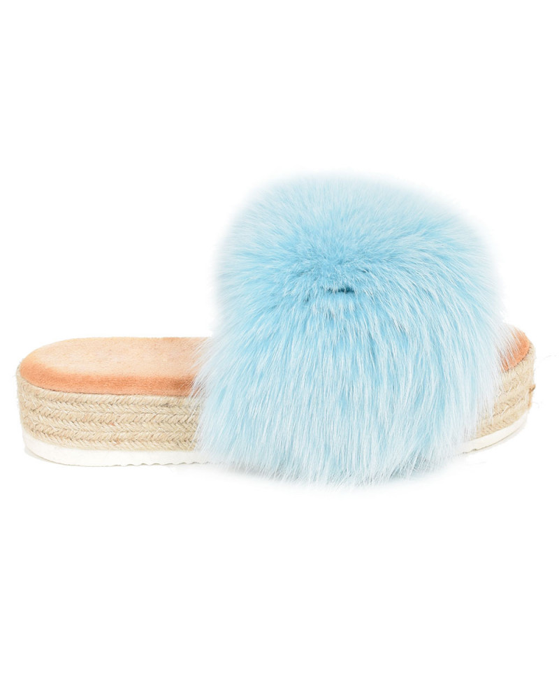 Platform Slides with Braided Sole and Blue Fox Fur