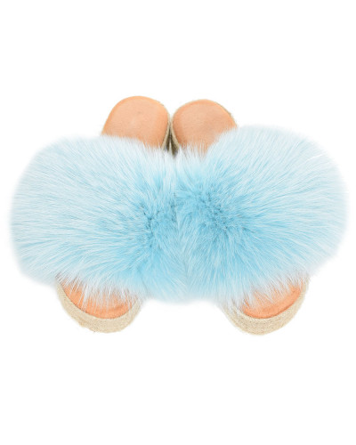 Platform Slides with Braided Sole and Blue Fox Fur