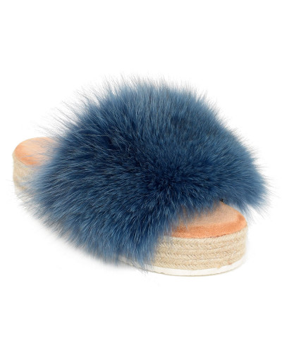 Platform Slides with Braided Sole and Navy Blue Fox Fur