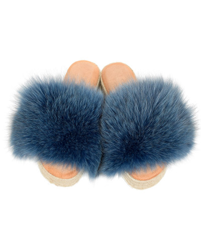 Platform Slides with Braided Sole and Navy Blue Fox Fur