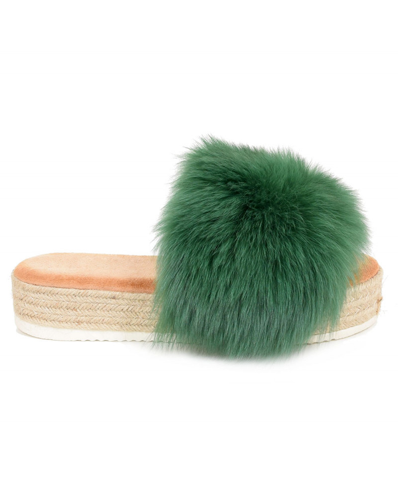 Platform Slides with Braided Sole and Green Fox Fur