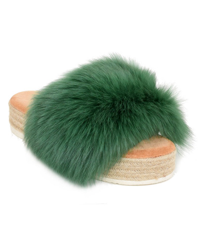 Platform Slides with Braided Sole and Green Fox Fur
