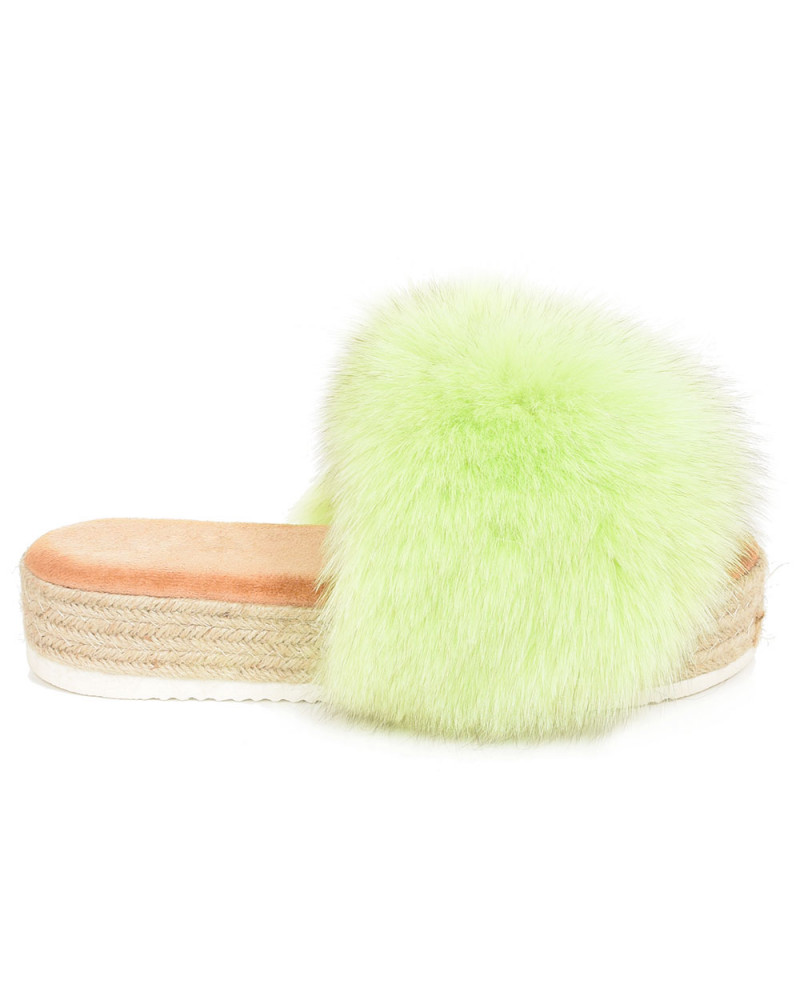 Platform Slides with Braided Sole and Light Green Fox Fur
