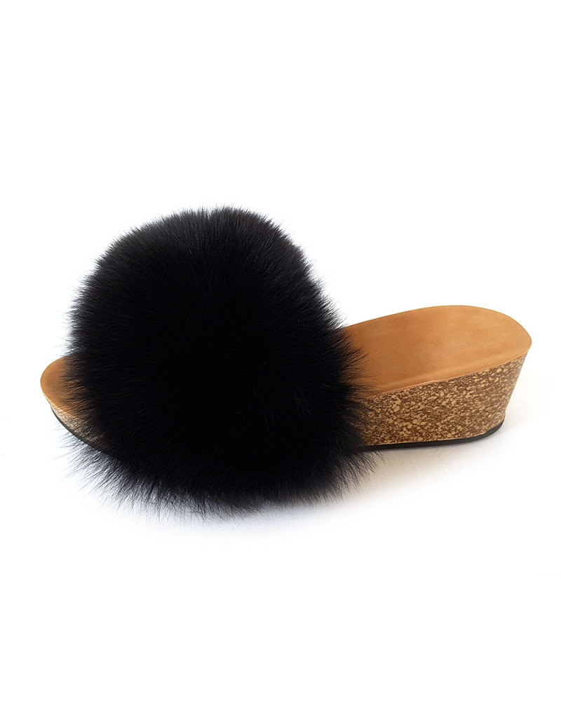 Women's Cork Wedge Slides with Black Fox Fur