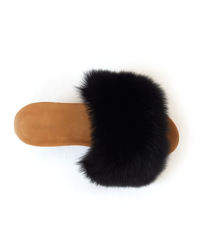 Women's Cork Wedge Slides with Black Fox Fur