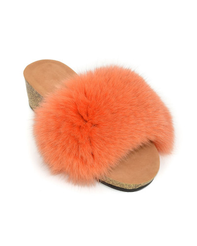 Women's Cork Wedge Slides with Orange Fox Fur