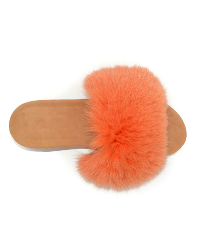Women's Cork Wedge Slides with Orange Fox Fur