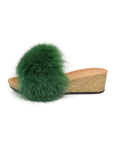 Women's Cork Wedge Slides with Green Fox Fur