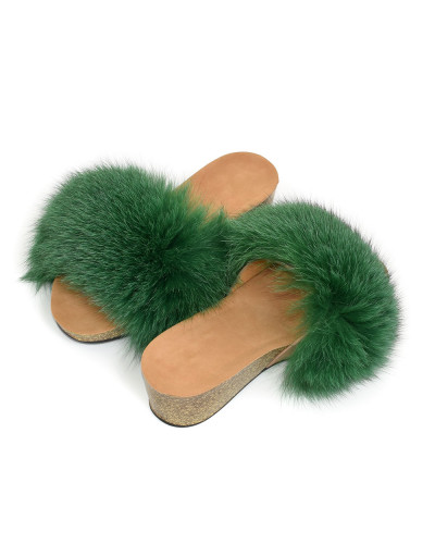 Women's Cork Wedge Slides with Green Fox Fur