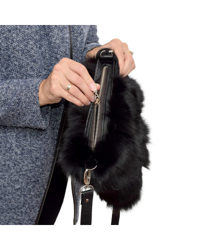 Black Fox Fur Crossbody Bag with Zipper Closure