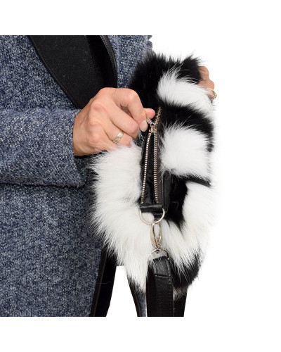 Black-White Fur Crossbody Bag with Zipper Closure