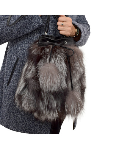 Silver Fox Fur Bucket Bag / Grey Fur Shoulder Bag