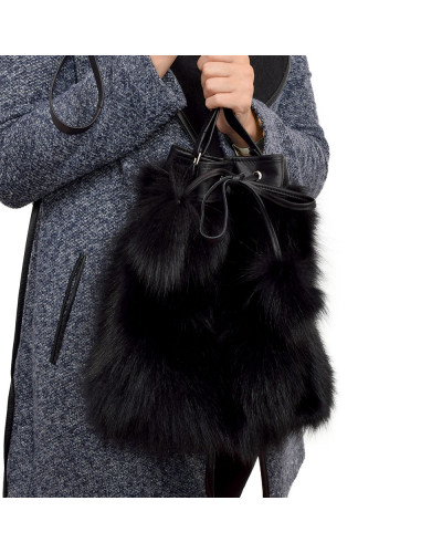 Black Fox Fur Bucket Bag / Black Fur Shoulder Bag