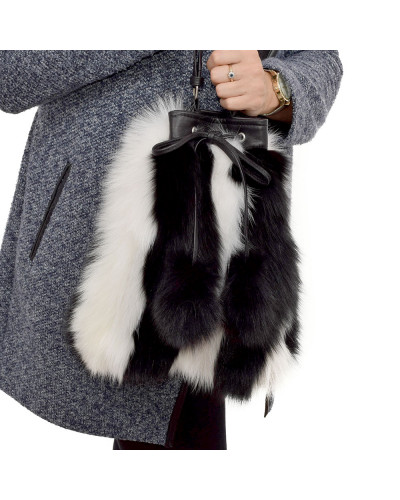 Black-White Fox Fur Bucket Bag / Fur Shoulder Bag