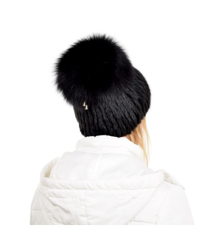 Black Mink Fur Hat with Black Fox Fur Pom Pom
