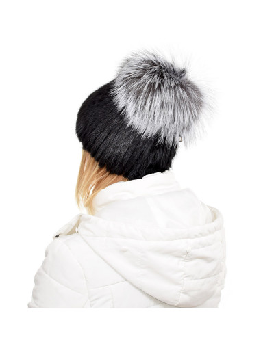 Black Mink Fur Hat with Silver Fox Fur Pom Pom
