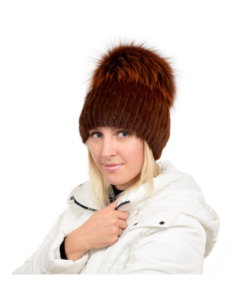Brown Mink Fur Hat with Silver Fox Fur Pom Pom