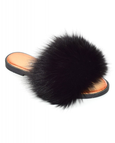 Women's leather slippers with black fox fur