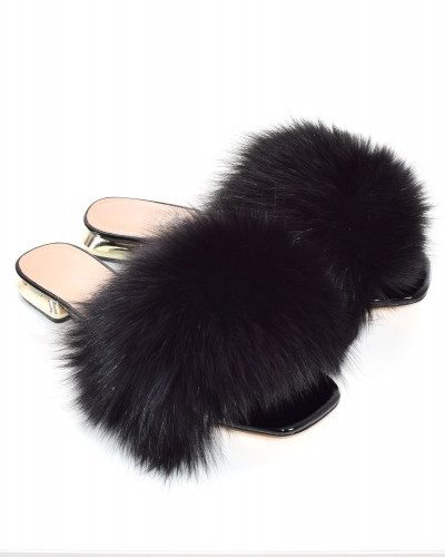 Women's leather high-heeled sandals with black fox fur