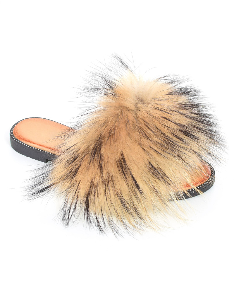Women's leather slippers with raccoon fur