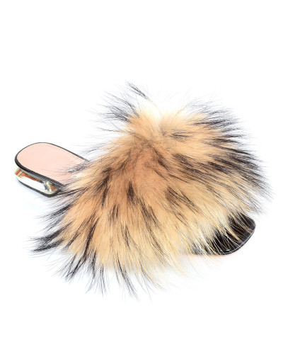 Women's leather high-heeled slippers with raccoon fur