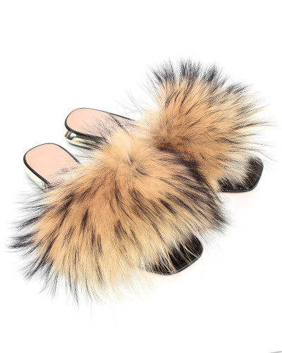 Women's leather high-heeled slippers with raccoon fur
