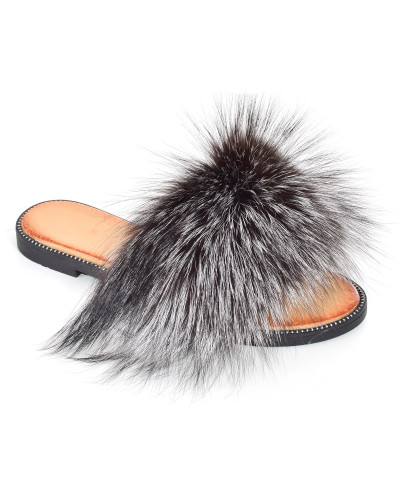 Women's leather slippers with silver fox fur
