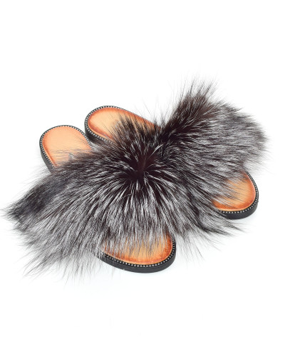 Women's leather slippers with silver fox fur