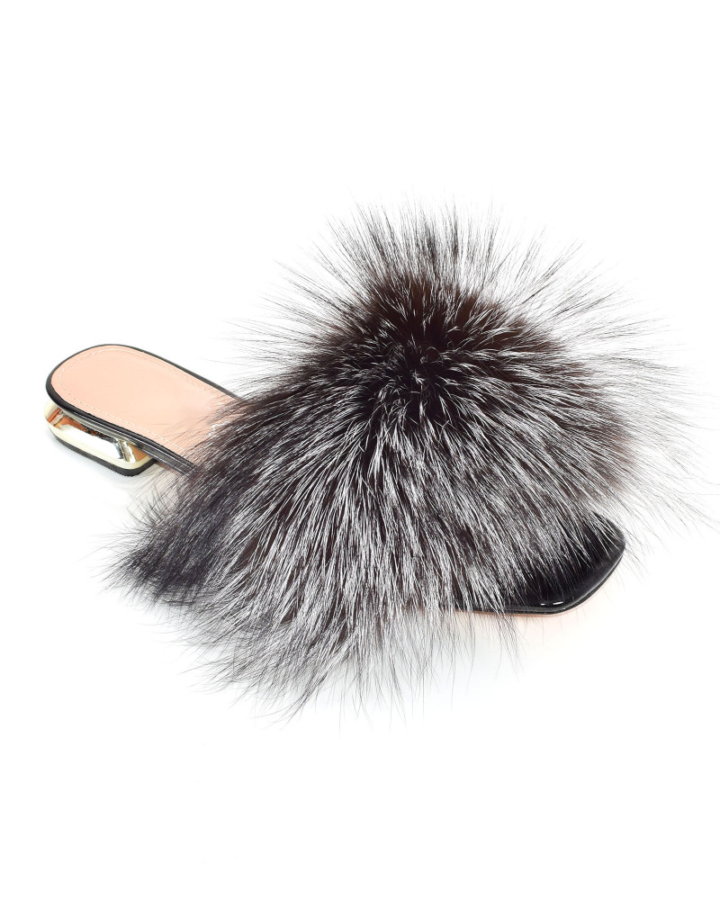 Women's leather high-heeled slippers with silver fox fur