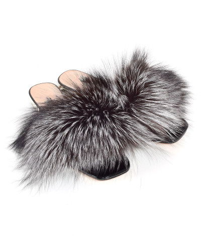 Women's leather high-heeled slippers with silver fox fur