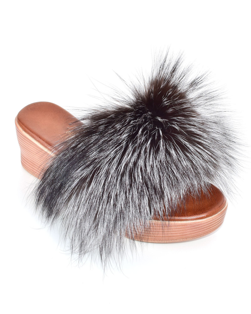 Women's wedge slippers with silver fox fur