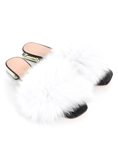 Women's leather high-heeled slippers with white fox fur