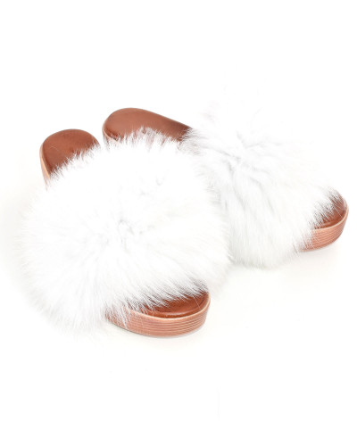 Women's wedge slippers with white fox fur