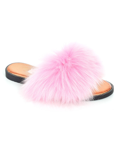 Women's leather slippers with pink fox fur