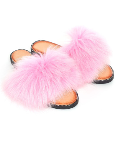 Women's leather slippers with pink fox fur