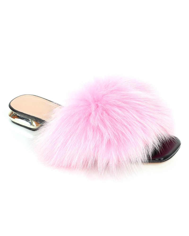 Leather women's high heels with pink fox fur