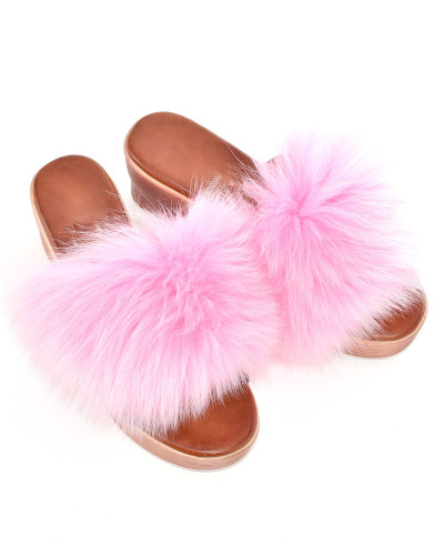 Women's wedge slippers with pink fox fur