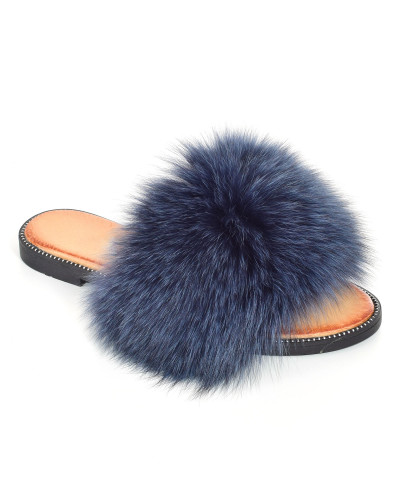 Women's leather slippers with navy blue fox fur
