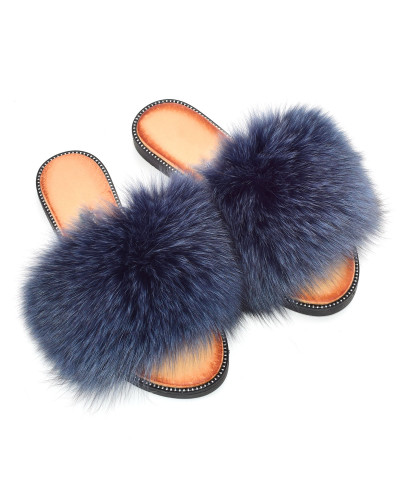 Women's leather slippers with navy blue fox fur
