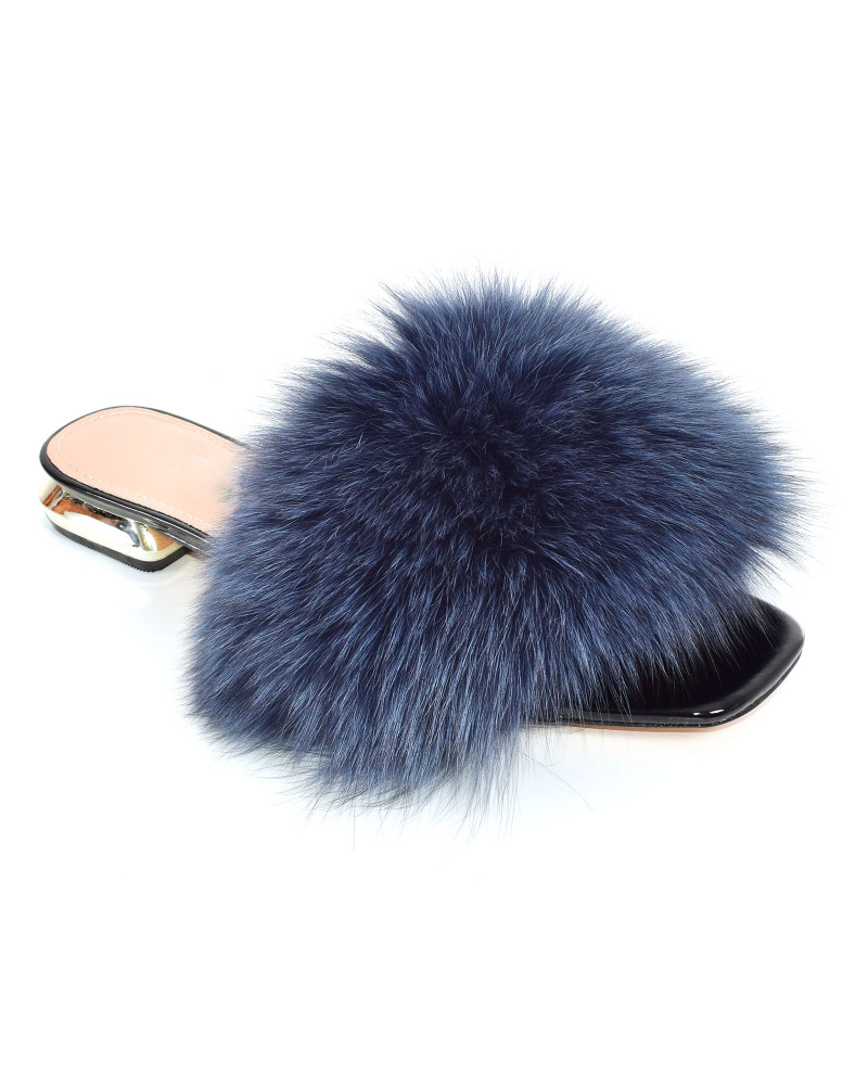 Women's leather high-heeled slippers with navy blue fox fur