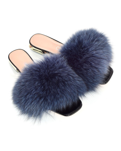 Women's leather high-heeled slippers with navy blue fox fur