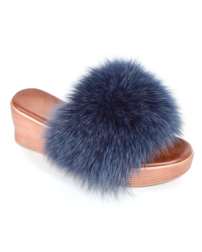 Women's wedge slippers with navy blue fox fur